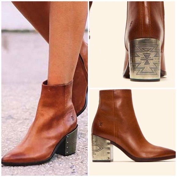 Frye Shoes - RARE Frye Flynn Omaha Cognac Leather Boho Festival Metal Engraved Ankle Booties